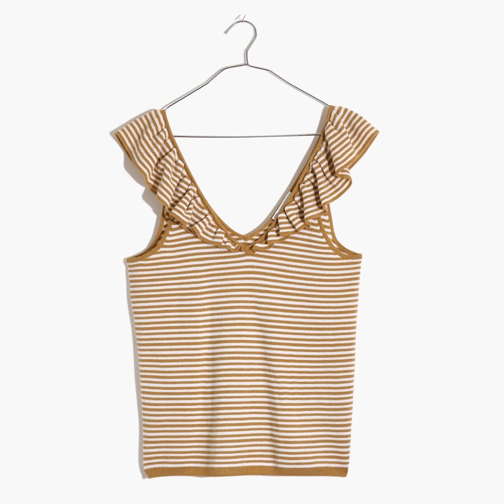 Madewell Belhaven Ruffle Sweater Tank in Stripe Tan and White